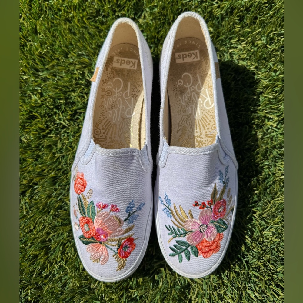 Keds White Slip-On Shoes with Colorful Floral Embroidery